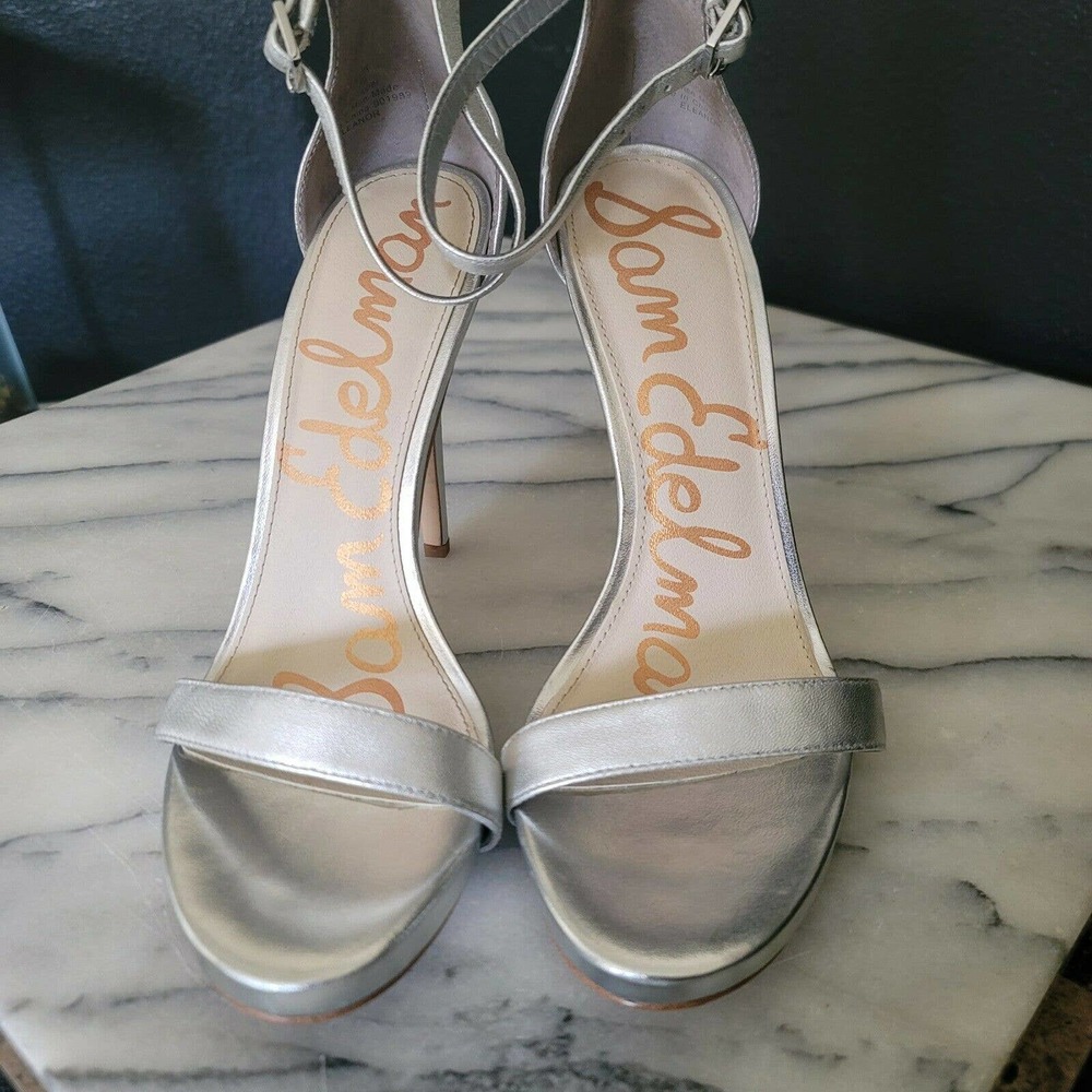 Sam Edelman Womens Eleanor 90198 Silver Stiletto Ankle Strap Heels Size US 9 39